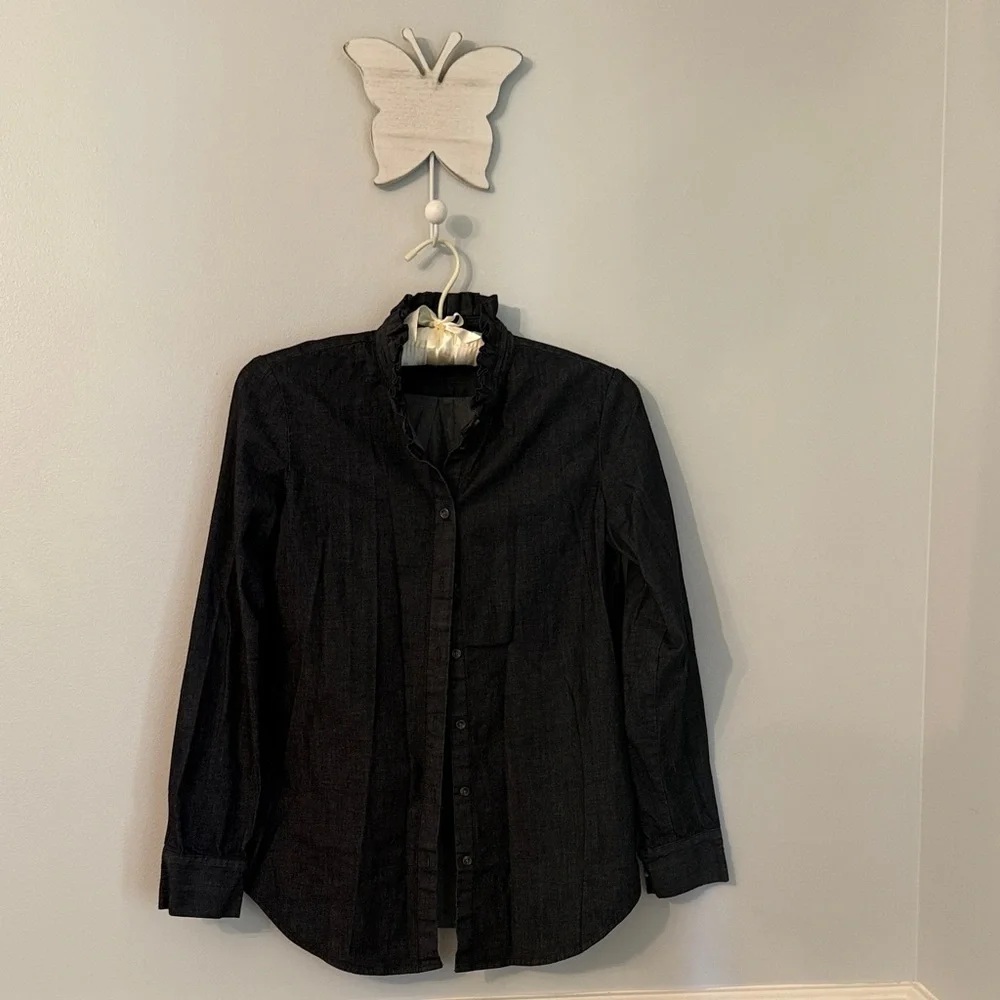Banana Republic Shirt Denim Dark Blue Dillon Long Sleeve XS Ruffle Neck